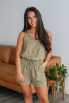 Scoop Neck Button Front Pocketed Drawstring Sleeveless Romper