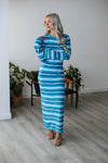 Striped Print Bell Sleeves Round Neck Fitted Open-Back Maxi Dress