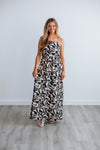 Halter Pocketed Open-Back General Print Maxi Dress