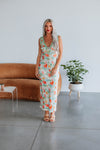 V-neck Side Zipper Fitted Self Tie Floral Print Maxi Dress