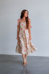 Cotton Smocked Square Neck Flowy Floral Print Tie Waist Waistline Midi Dress