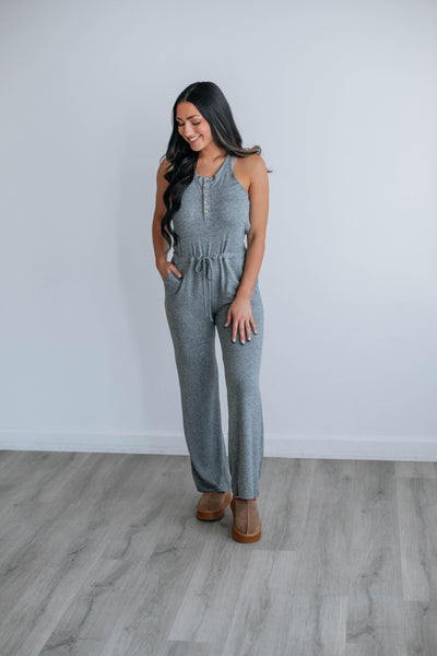 Drawstring Racerback Pocketed Button Front Scoop Neck Jumpsuit