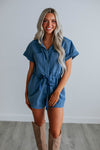 V-neck Collared Smocked Short Pocketed Button Front Drawstring Elasticized Waistline Romper