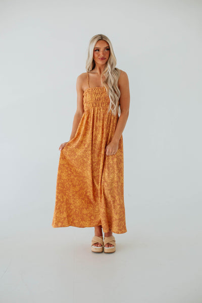 Polyester Floral Print Pocketed Flowy Smocked Square Neck Maxi Dress