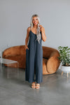 Babydoll Spaghetti Strap Scoop Neck Smocked Pocketed Polyester Jumpsuit