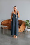Scoop Neck Smocked Polyester Pocketed Spaghetti Strap Babydoll Jumpsuit