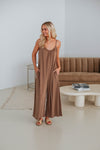 Spaghetti Strap Polyester Scoop Neck Smocked Pocketed Babydoll Jumpsuit