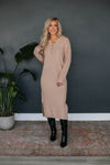 Round Neck Ribbed Trim Slit Button Front Long Sleeves Sweater Midi Dress