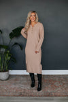 Long Sleeves Round Neck Button Front Slit Sweater Ribbed Trim Midi Dress