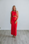 Round Neck Tie Waist Waistline Sleeveless Cutout Fitted Maxi Dress