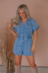 V-neck Short Collared Smocked Elasticized Waistline Pocketed Button Front Romper