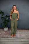 Strapless Pocketed Gathered Drawstring Elasticized Waistline Jumpsuit