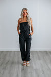 Strapless Elasticized Waistline Drawstring Gathered Pocketed Jumpsuit