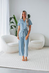 Collared Denim Short Sleeves Sleeves Elasticized Tie Waist Waistline Button Front Self Tie Pocketed Belted Jumpsuit