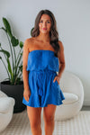 Strapless Pocketed Gathered Drawstring Cotton Elasticized Waistline Romper With Ruffles