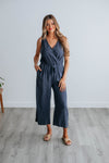 V-neck Button Front Pocketed Wrap Drawstring Romper/Jumpsuit