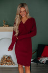 V-neck Fitted Wrap Ribbed Sweater Dolman Sleeves Midi Dress