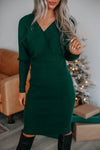 V-neck Dolman Sleeves Wrap Ribbed Fitted Sweater Midi Dress