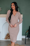 V-neck Fitted Wrap Ribbed Dolman Sleeves Sweater Midi Dress