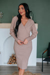 V-neck Dolman Sleeves Wrap Ribbed Fitted Sweater Midi Dress