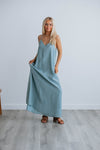 V-neck Pocketed Flowy Spaghetti Strap Maxi Dress