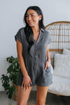 Short Collared Cotton Pocketed Button Front Romper