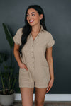 Cotton Collared Short Pocketed Button Front Romper