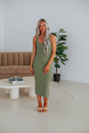 Scoop Neck Sleeveless Striped Print Fitted Button Front Ribbed Racerback Midi Dress