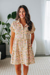 Tiered Pocketed Button Front Short Collared Floral Print Dress