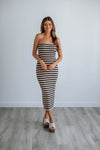 Striped Print Fitted Slit Ribbed Midi Dress