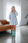 Acid Washed Button Front Pocketed Vintage Long Puff Sleeves Sleeves Collared Short Shirt Dress