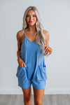 V-neck Spaghetti Strap Pocketed Acid Washed Cotton Romper