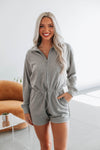 Short Polyester Pocketed Mock Neck Elasticized Waistline Long Sleeves Romper