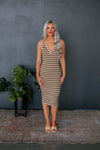 Striped Print Scoop Neck Ribbed Fitted Snap Closure Sleeveless Midi Dress