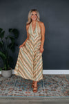 Open-Back Pocketed Back Zipper Self Tie Flowy Striped Print Halter Maxi Dress With a Sash