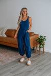 Elasticized Waistline Cotton Tank Pocketed Open-Back Drawstring Round Neck Smocked Jumpsuit