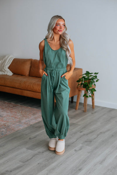 Elasticized Waistline Round Neck Smocked Open-Back Pocketed Drawstring Tank Cotton Jumpsuit