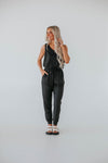 V-neck Elasticized Waistline Pocketed Drawstring Jumpsuit