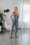 V-neck Elasticized Waistline Pocketed Drawstring Jumpsuit