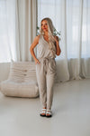 V-neck Elasticized Waistline Drawstring Pocketed Jumpsuit