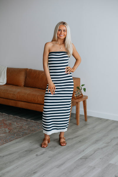Striped Print Ribbed Slit Bodycon Dress/Maxi Dress