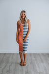 Sleeveless Scoop Neck Colorblocking Fitted Ribbed Sweater Striped Print Midi Dress