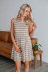 A-line Ribbed Pleated Round Neck Striped Print Short Dress