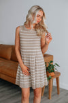 A-line Short Round Neck Pleated Ribbed Striped Print Dress