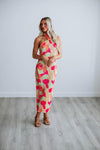 Polyester Halter Sleeveless Slit Fitted Floral Print Midi Dress
