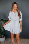 A-line Short Drawstring Button Front Collared Striped Print Short Sleeves Sleeves Dress