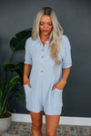 Button Front Pocketed Collared Short Sleeves Sleeves Sweater Romper