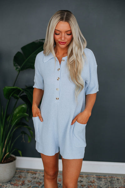 Short Sleeves Sleeves Collared Pocketed Button Front Sweater Romper