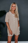 Button Front Pocketed Collared Short Sleeves Sleeves Sweater Romper