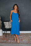 Pocketed Cotton Square Neck High-Low-Hem Midi Dress